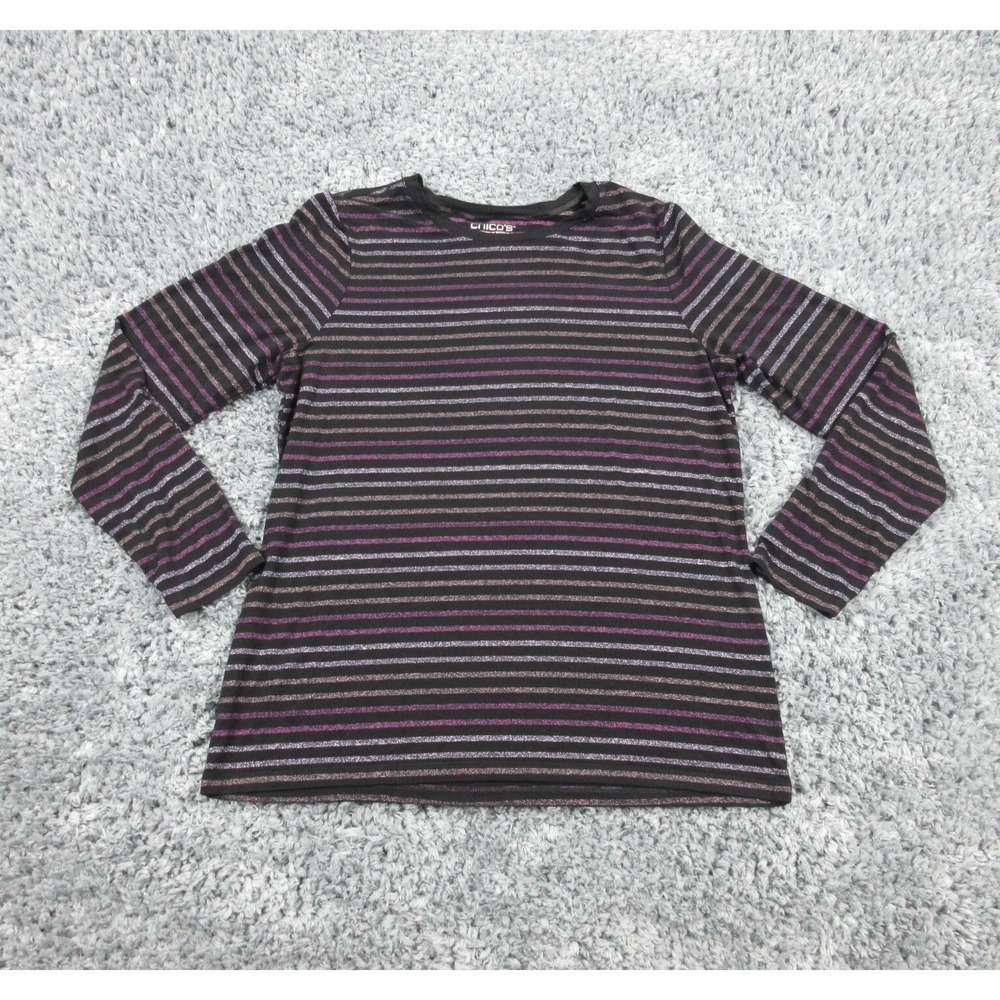 Chicos Shirt Womens 2 Black Purple Striped Long Sleeve Pullover Top